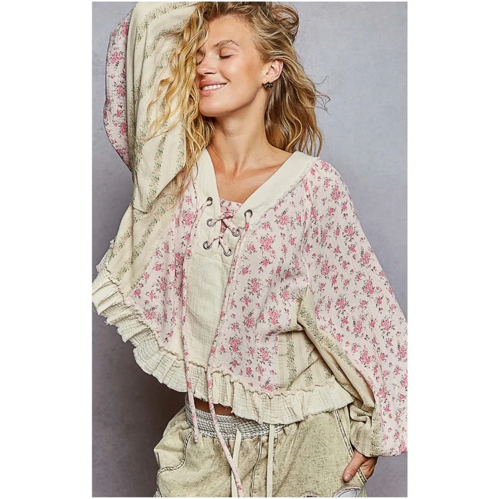 POL floral Print Cotton lace up Balloon Sleeve Blouse - Picture 1 of 7
